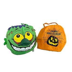 Lot Of 2 Collapsable Pumpkin Trick Or Treat Buckets Halloween Spooky Holiday